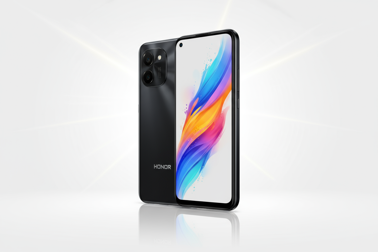 A premium product photo of the HONOR X5B smartphone (black color) displayed at a slight angle on a clean, bright background. The phone features a 6.56-inch display with vivid colors and slim bezels. The back of the phone shows dual cameras with LED flash and the HONOR logo. Include soft reflections and natural shadows for a realistic look. Add a subtle glow effect or light rays to enhance the premium style. The composition should feel modern, minimalistic, and professional — ideal for an shopify Head
