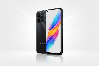 A premium product photo of the HONOR X5B smartphone (black color) displayed at a slight angle on a clean, bright background. The phone features a 6.56-inch display with vivid colors and slim bezels. The back of the phone shows dual cameras with LED flash and the HONOR logo. Include soft reflections and natural shadows for a realistic look. Add a subtle glow effect or light rays to enhance the premium style. The composition should feel modern, minimalistic, and professional — ideal for an shopify Head