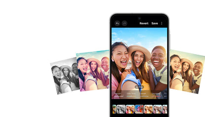 Samsung Galaxy A56 5G mostrando el editor de fotos con filtros inteligentes aplicados a una selfie grupal.