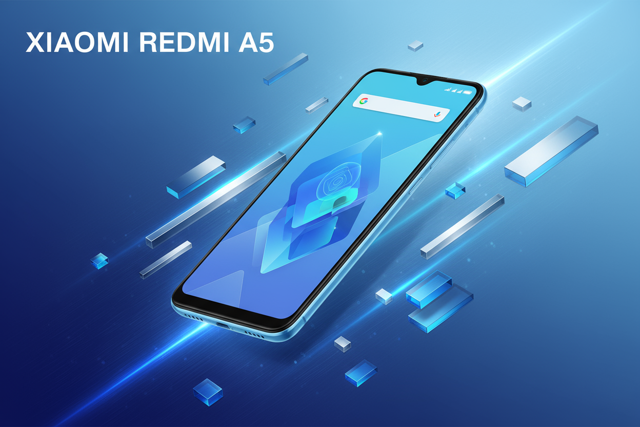 Crea una imagen publicitaria moderna y tecnológica con fondo azul degradado con tonos metálicos que transmitan innovación y energía.
En el centro, muestra un smartphone Xiaomi Redmi A5 color verde menta o azul cielo, visto en ángulo tres cuartos, mostrando su pantalla encendida con interfaz Android y diseño elegante.

En la parte superior izquierda coloca el texto en blanco grande y llamativo:
XIAOMI REDMI A5