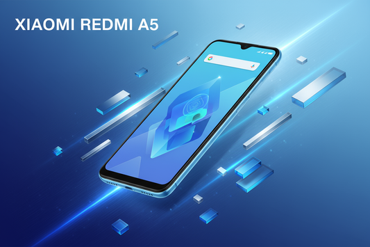 Crea una imagen publicitaria moderna y tecnológica con fondo azul degradado con tonos metálicos que transmitan innovación y energía.
En el centro, muestra un smartphone Xiaomi Redmi A5 color verde menta o azul cielo, visto en ángulo tres cuartos, mostrando su pantalla encendida con interfaz Android y diseño elegante.

En la parte superior izquierda coloca el texto en blanco grande y llamativo:
XIAOMI REDMI A5