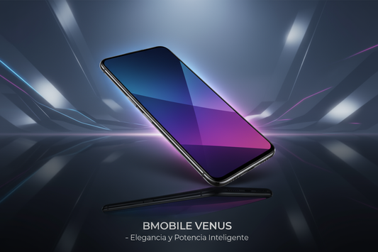 Create a premium product cover image for shopify website featuring the BMOBILE VENUS smartphone. Use a clean, futuristic background with soft lighting and reflections to give a high-tech, sophisticated look. Add a subtle glow or gradient behind the phone to emphasize its contours. Include a sleek, minimal tagline like 'BMOBILE VENUS – Elegancia y Potencia Inteligente' in modern typography. The overall composition should look professional, ready for Shopify homepage hero banner
