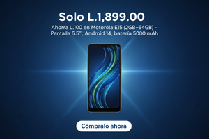 Diseña un banner promocional moderno y tecnológico con fondo azul intenso y degradados ligeros.
En el centro, muestra un smartphone Motorola E15 color azul con su pantalla encendida.
Incluye texto grande en blanco que diga:
“Solo L.1,899.00” en la parte superior.
Debajo, agrega una frase más pequeña en blanco que diga:
“Ahorra L.100 en Motorola E15 (2GB+64GB) – Pantalla 6.5'', Android 14, batería 5000 mAh.”
En la parte inferior coloca un botón blanco con borde redondeado y texto azul que diga:
“Cómpralo aho