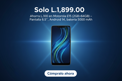 Diseña un banner promocional moderno y tecnológico con fondo azul intenso y degradados ligeros.
En el centro, muestra un smartphone Motorola E15 color azul con su pantalla encendida.
Incluye texto grande en blanco que diga:
“Solo L.1,899.00” en la parte superior.
Debajo, agrega una frase más pequeña en blanco que diga:
“Ahorra L.100 en Motorola E15 (2GB+64GB) – Pantalla 6.5'', Android 14, batería 5000 mAh.”
En la parte inferior coloca un botón blanco con borde redondeado y texto azul que diga:
“Cómpralo aho