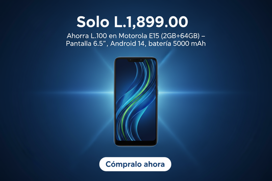 Diseña un banner promocional moderno y tecnológico con fondo azul intenso y degradados ligeros.
En el centro, muestra un smartphone Motorola E15 color azul con su pantalla encendida.
Incluye texto grande en blanco que diga:
“Solo L.1,899.00” en la parte superior.
Debajo, agrega una frase más pequeña en blanco que diga:
“Ahorra L.100 en Motorola E15 (2GB+64GB) – Pantalla 6.5'', Android 14, batería 5000 mAh.”
En la parte inferior coloca un botón blanco con borde redondeado y texto azul que diga:
“Cómpralo aho
