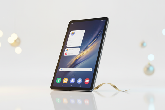 Galaxy Tab A9 Wi-Fi 64 GB sobre fondo blanco con reflejo minimalista estilo Apple, pantalla encendida mostrando interfaz One UI, ambientación navideña sutil en tonos dorado y azul.