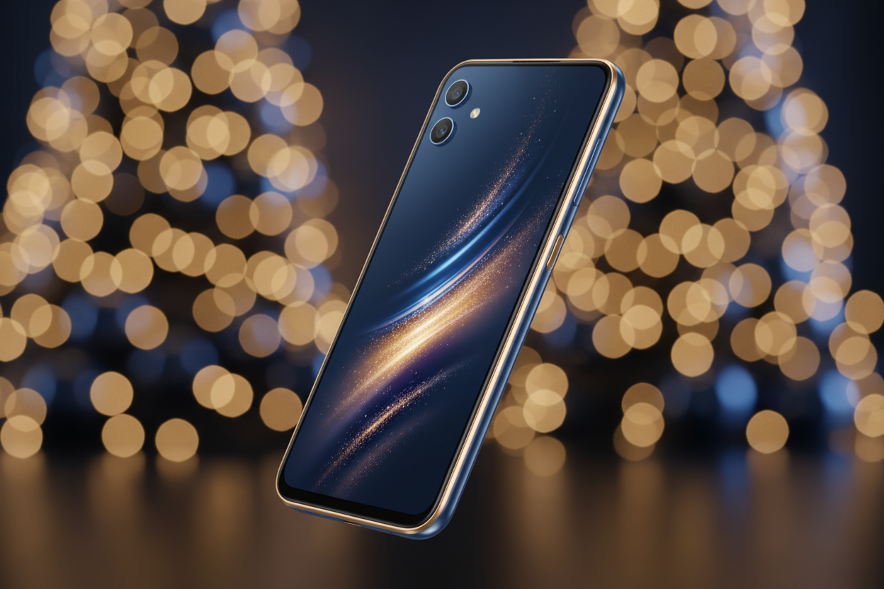 iseña una imagen publicitaria premium del smartphone Samsung A06 para usar como portada de producto en una tienda de tecnología. 

📱 Estilo visual: realismo fotográfico con estética moderna y aspiracional, similar a la publicidad de Samsung o Apple.

🎨 Colores principales: azul Tigo (#004C97), dorado cálido, y reflejos metálicos. Fondo elegante con luces tipo bokeh navideño desenfocado.

✨ Iluminación: cálida y brillante, destacando las curvas y 