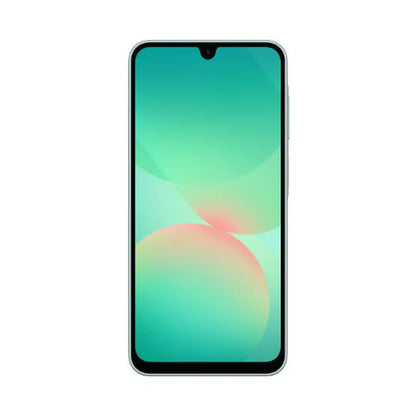 Samsung Galaxy A26 5G color Light Green visto de frente con pantalla encendida.