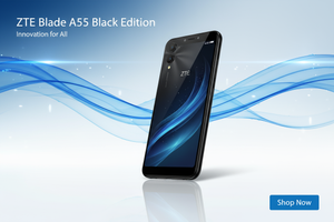 Smartphone ZTE Blade A55 Black Edition sobre fondo blanco brillante con reflejos elegantes. Fondo moderno con ondas digitales azules y líneas de luz futuristas. Estilo minimalista, limpio y tecnológico. Usa el color azul corporativo #009FE3.
Modern tech banner, glossy lighting, soft shadows, premium product shot, Shopify layout.