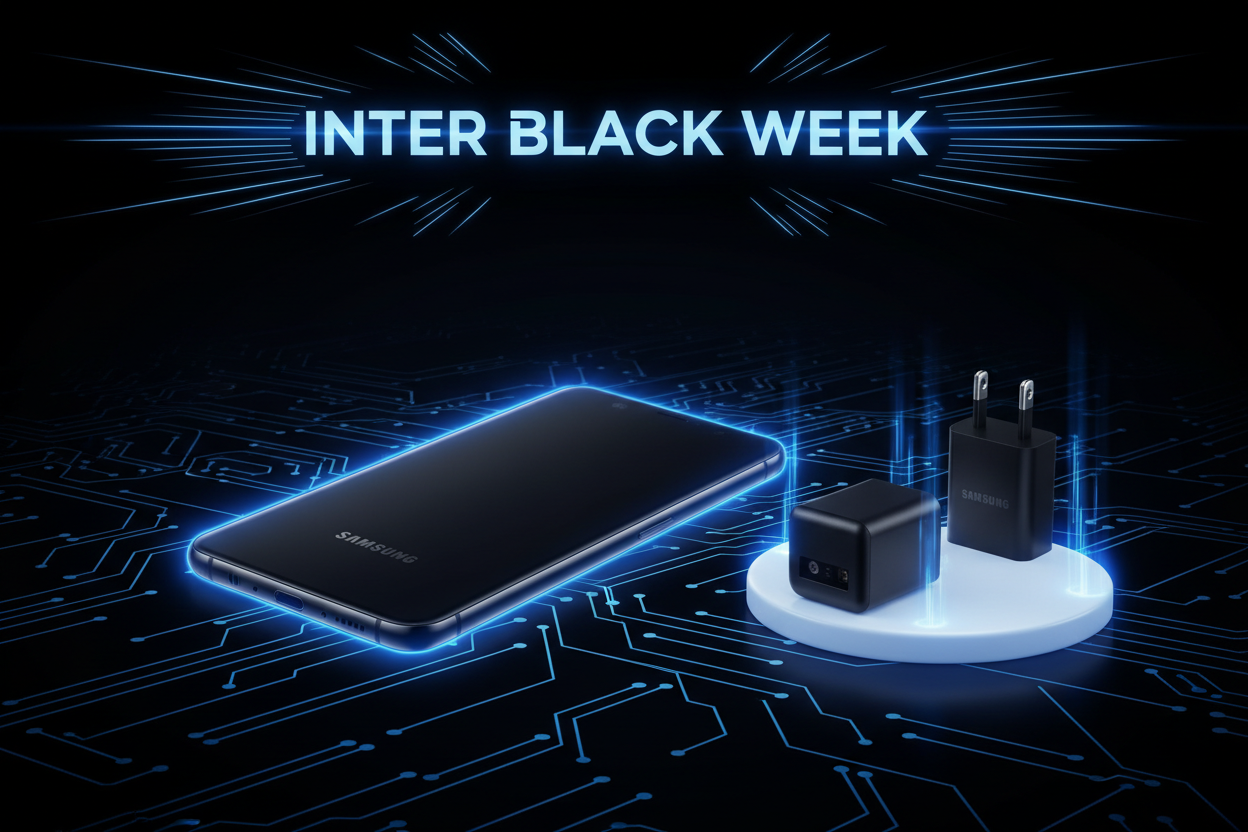 Use the provided image of the two Samsung black wall chargers placed on a white background (/mnt/data/WhatsApp Image 2025-11-19 at 1.12.38 PM.jpeg) and integrate it into a Black Week promotional graphic. Create a futuristic dark background with neon blue glowing lines. Place the Samsung smartphone at the center with a bright blue outline, and position the uploaded charger image next to the phone with a matching glow effect. Add a glowing banner at the top that reads “INTER BLACK WEEK”. At the bottom, 